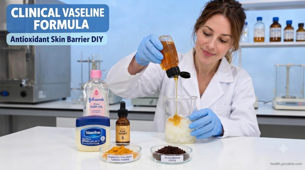 A person in a lab coat and blue gloves pouring honey into a beaker containing a white granular substance with Vaseline J
