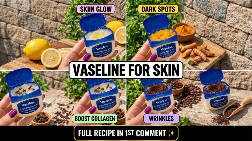 A vibrant vertical collage displaying four distinct DIY Vaseline mixtures Each quadrant features a hand holding an open
