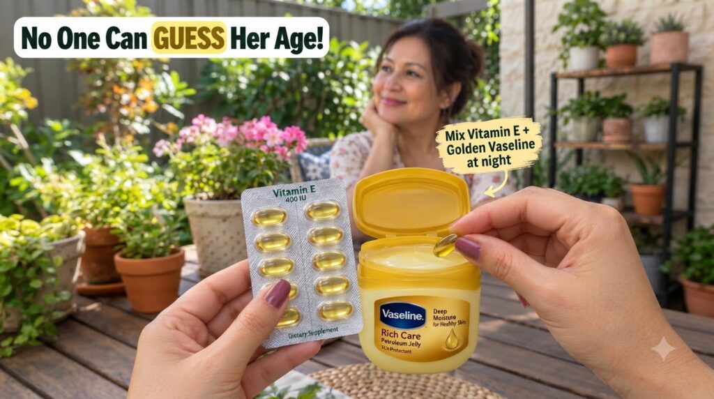 Two hands demonstrating a beauty hack one holds a blister pack of Vitamin E capsules the other holds an open jar of Vase