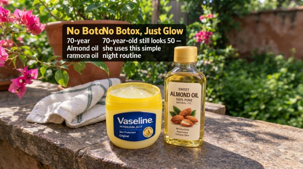 A yellow jar of Vaseline Petroleum Jelly and a glass bottle of Sweet Almond Oil positioned side-by-side on a rustic ston