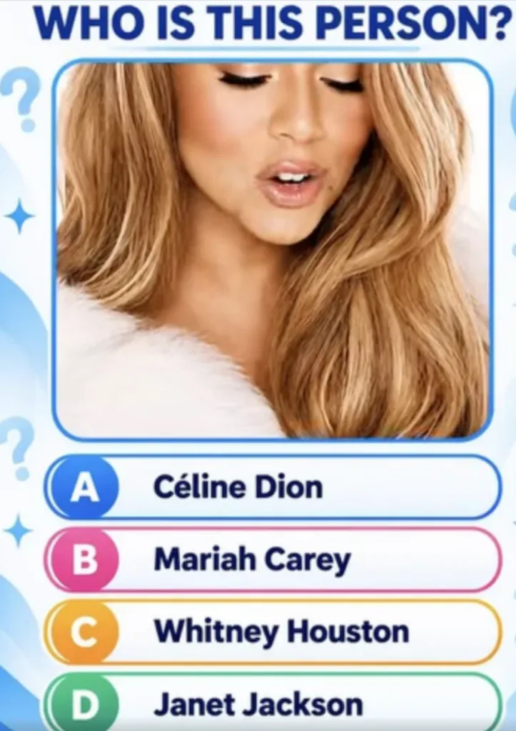 A multiple-choice quiz graphic showing a portrait of Mariah Carey with four options A Céline Dion B Mariah Carey C Whitn