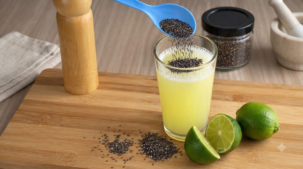A blue spoon pouring black chia seeds into a glass of bright yellow limeade with fresh lime wedges and a small pile of c