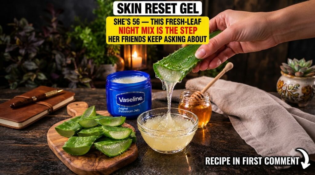 A hand squeezing an aloe vera leaf with its gel dripping into a clear glass bowl Next to it are a blue jar of Vaseline a