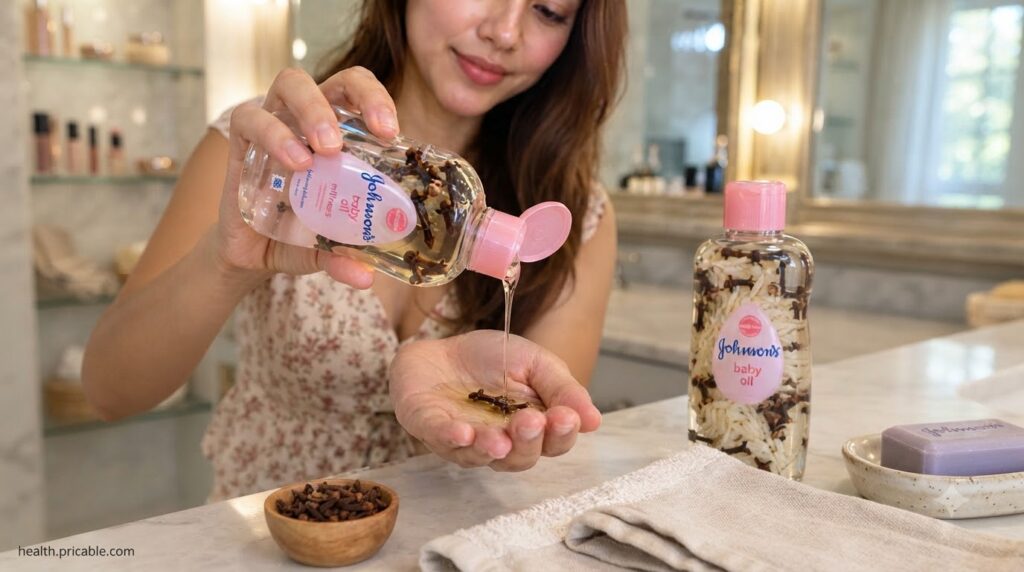 A close-up of a person gently pouring homemade clove-infused baby oil from a clear bottle into their open palm with whol