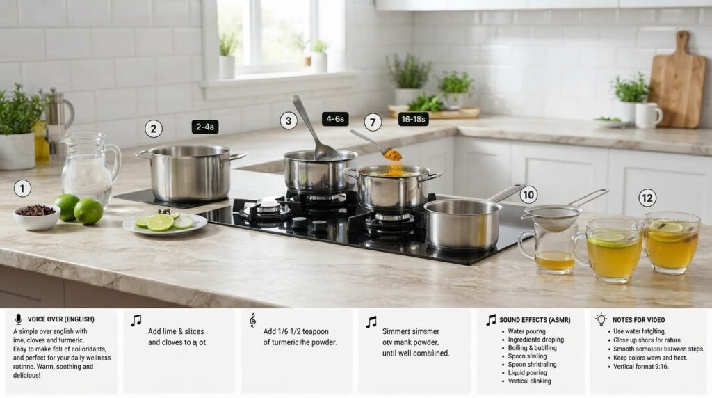An infographic detailing a 12-step recipe for a lime clove and turmeric drink with photographic panels for each step tex