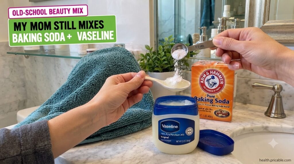 Hands mixing baking soda and Vaseline in a small ceramic spoon with a jar of Vaseline and a box of baking soda in the ba