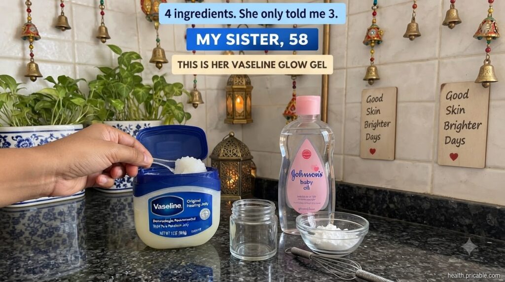 A hand scooping petroleum jelly from a Vaseline tub next to a bottle of baby oil and a bowl of white powder on a dark co