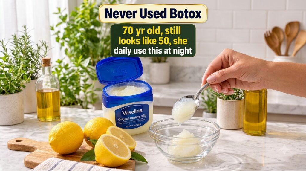 A hand scooping Vaseline from a jar into a bowl with fresh lemons nearby on a wooden board