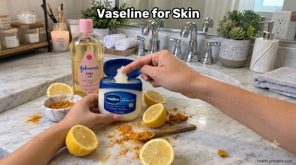Hands mixing Vaseline baby oil lemon and turmeric in a small bowl showing the creamy texture of the mask on a marble sur