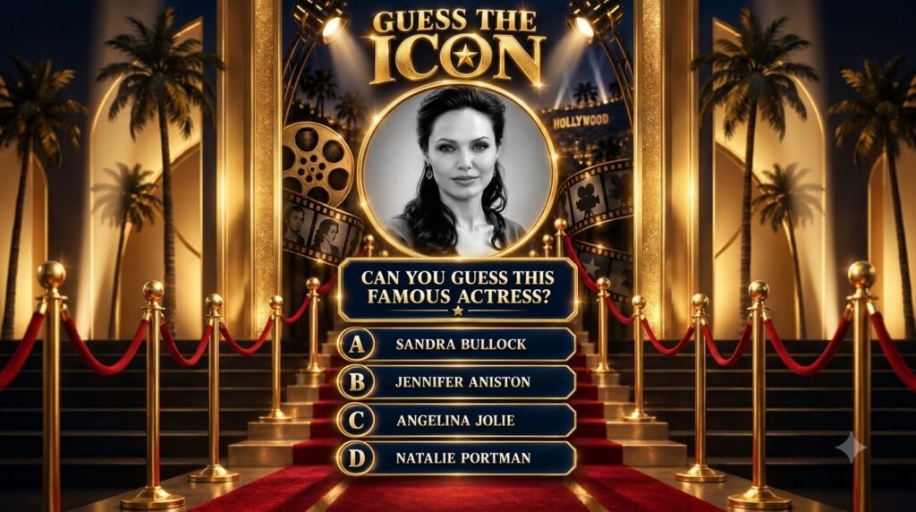 A quiz image asking to Guess The Icon with a black and white portrait of Angelina Jolie in a golden oval frame The backg