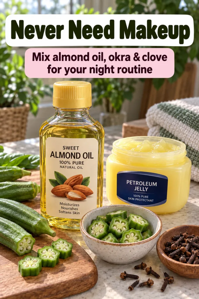 A collection of natural skincare ingredients a bottle of almond oil whole and sliced okra and dried cloves neatly arrang