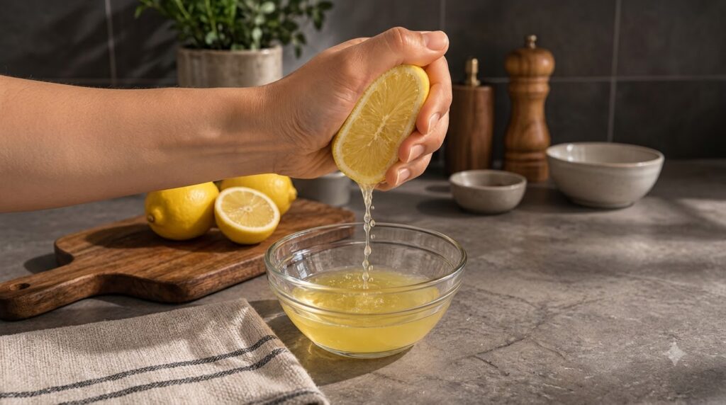 A hand squeezing a halved lemon with juice dripping into a clear glass bowl Another lemon half and whole lemon are in th