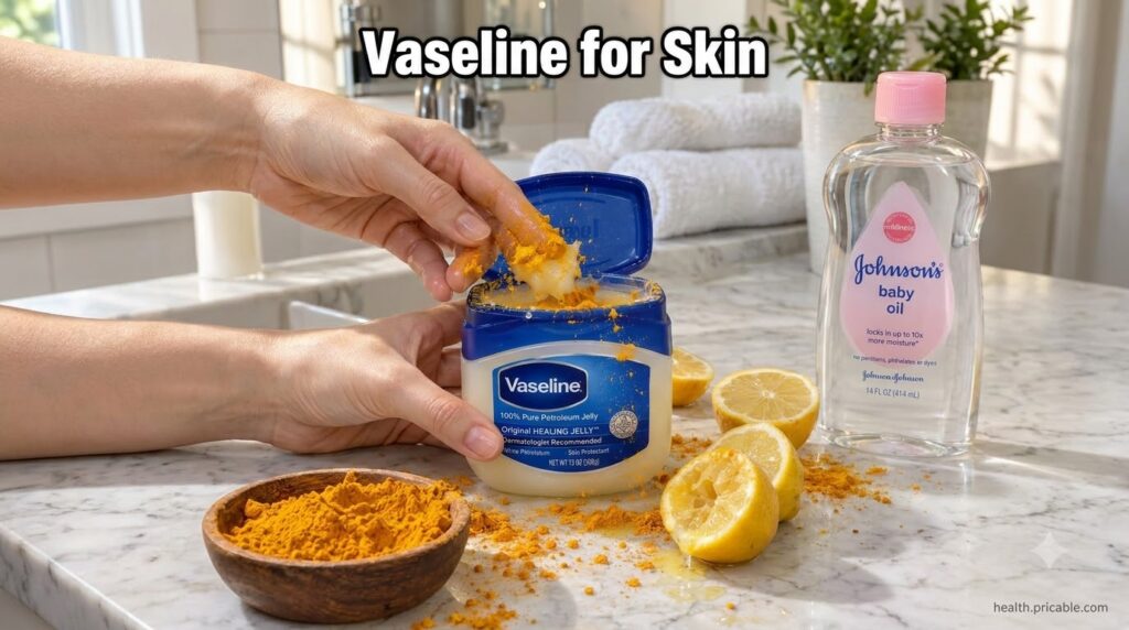 Hands mixing Vaseline petroleum jelly with turmeric powder in a small jar on a bathroom countertop with lemon juice drop