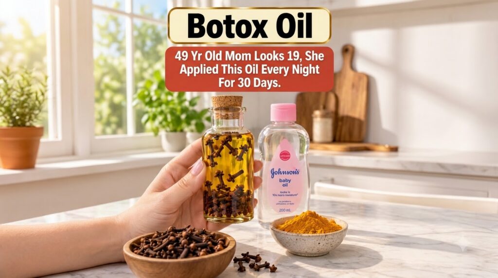 A hand holding a glass bottle filled with oil and cloves next to a bottle of Johnson s baby oil A small bowl of loose cl