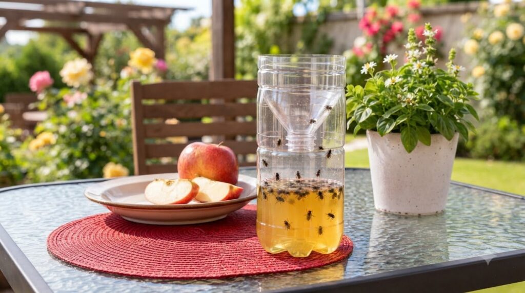 A homemade insect trap made from a plastic bottle containing yellowish liquid and trapped insects sits on a glass table 