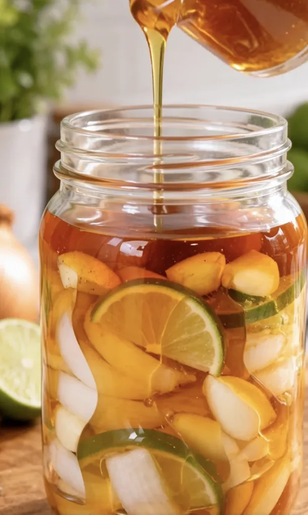A close-up of a glass jar being filled with golden honey containing neatly arranged slices of white onion whole or halve