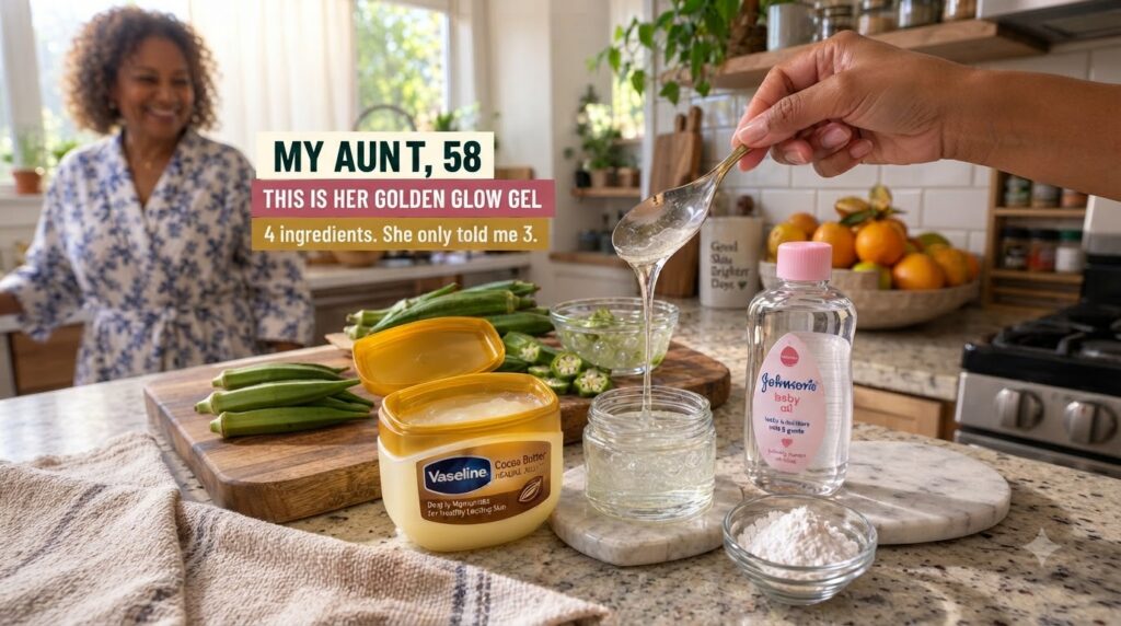 A hand pouring clear viscous gel from a spoon into a small glass jar surrounded by ingredients like Vaseline Cocoa Butte