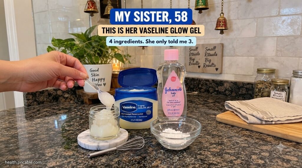 A hand scooping Vaseline into a small glass jar with a bottle of baby oil a bowl of white powder and a mini whisk on a d