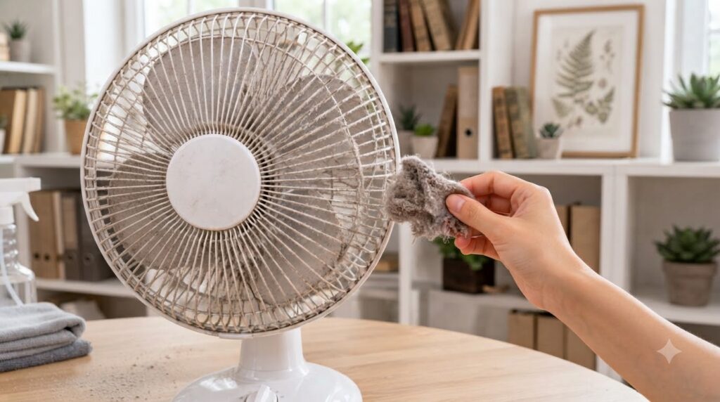A close-up of a heavily dust-covered white electric fan A hand is actively pulling a large thick clump of dust from the 