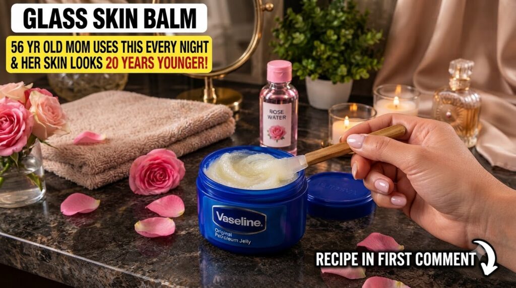 A person s hands scooping Vaseline from a blue jar with a wooden spatula surrounded by rose petals a bottle of rose wate