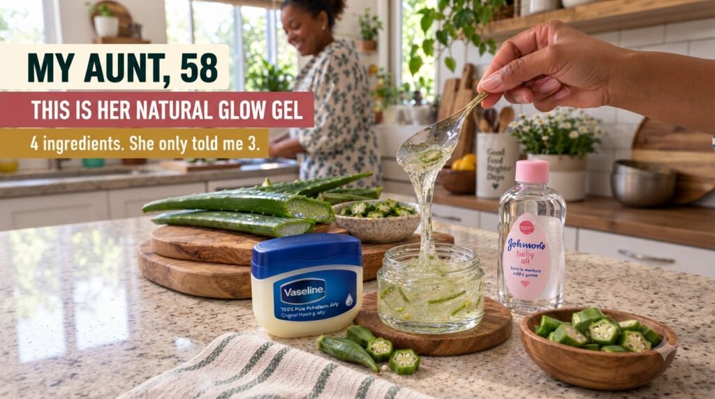 A hand pouring a clear viscous gel with green okra slices from a golden spoon into a small glass jar surrounded by fresh