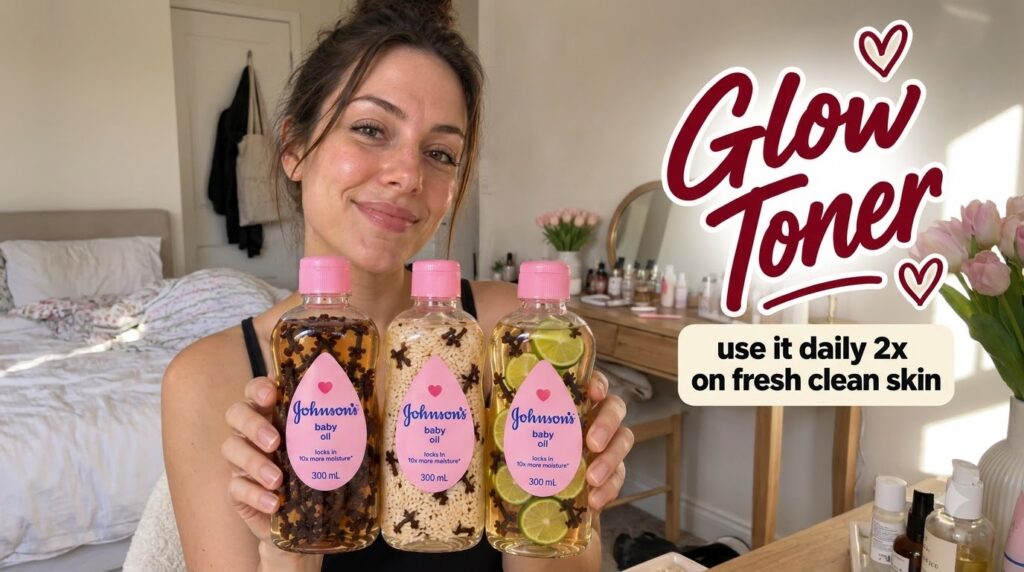 Smiling woman holding three customized Johnson s baby oil bottles infused with cloves small white granules and lime slic
