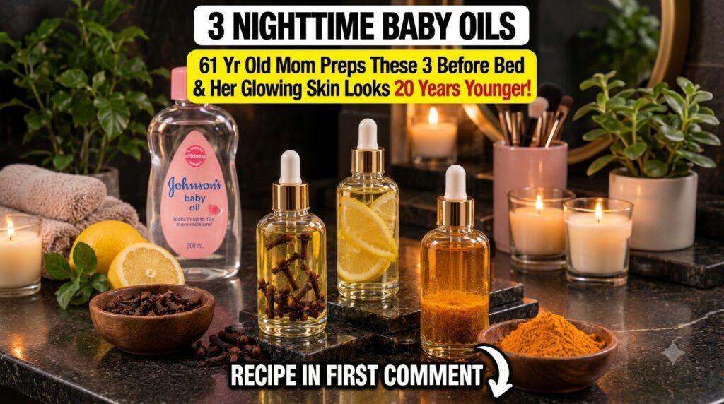 Three dropper bottles of infused oils with cloves sliced lemons turmeric powder and a bottle of baby oil on a dark refle
