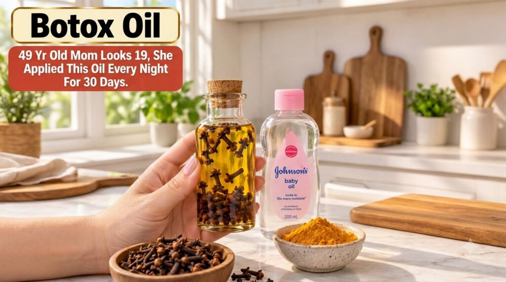 A hand holding a glass bottle of homemade clove-infused oil with whole cloves a bottle of baby oil and a small bowl of t