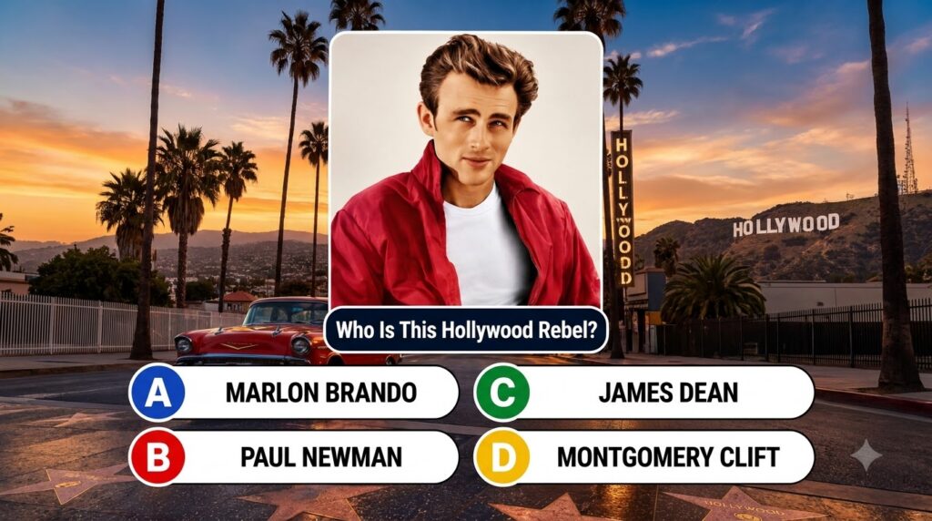 A quiz image featuring a young James Dean-like actor in a red jacket against a Hollywood sunset with city lights palm tr