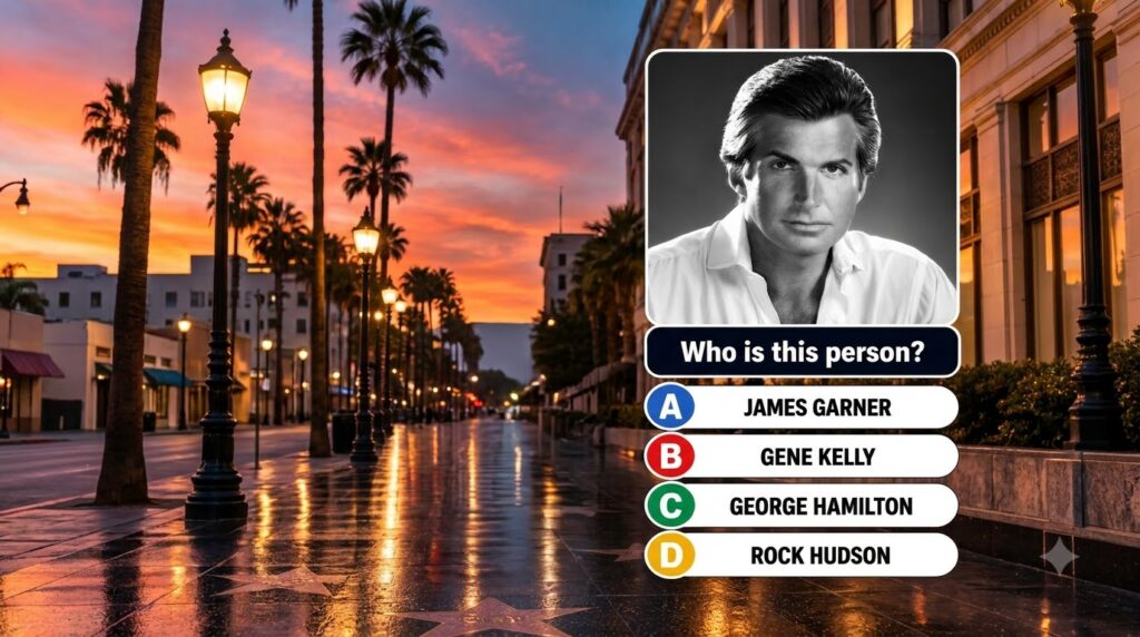 A black and white portrait of George Hamilton with a quiz question Who is this person and four multiple-choice answers b