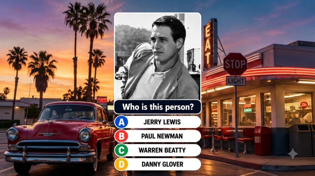 A black and white portrait of a young Paul Newman featured in a quiz format against a vibrant golden hour street scene w