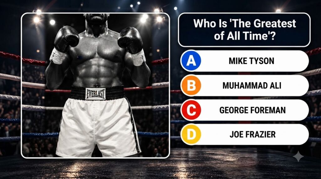 A close-up of a boxer s torso and gloved hands part of a quiz graphic asking Who Is The Greatest of All Time with multip