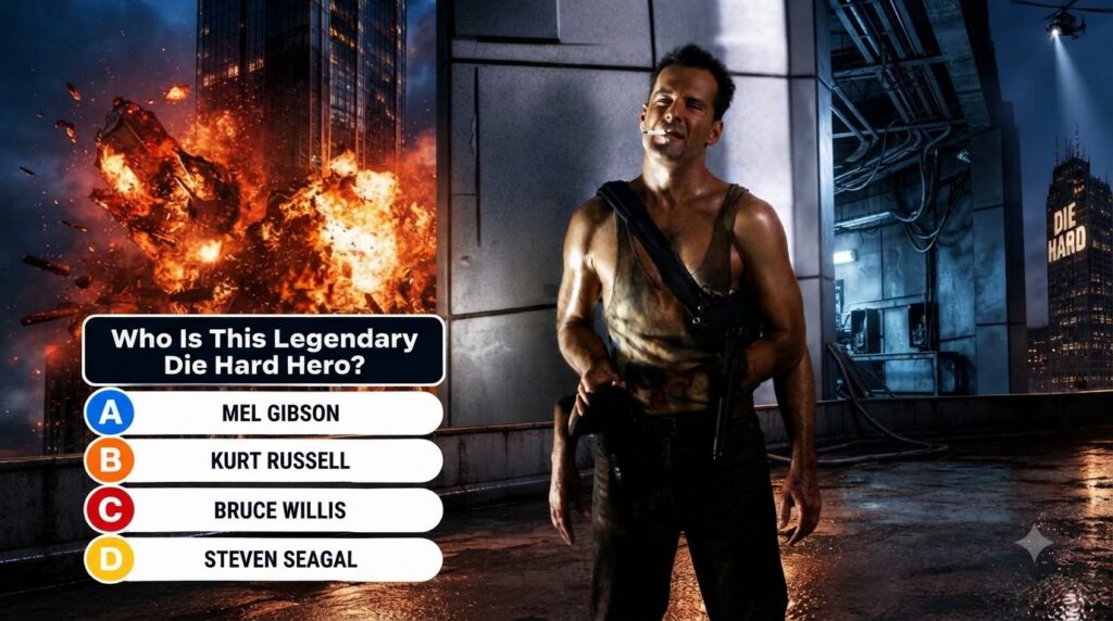 Bruce Willis as John McClane looking weathered and holding a cigarette against a dramatic cityscape with a burning build