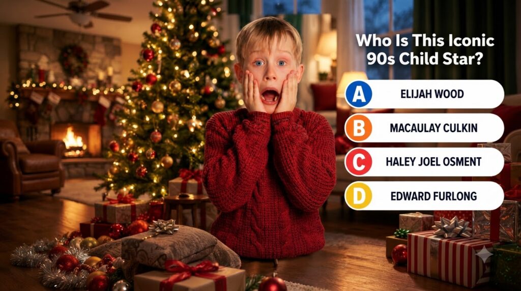Macaulay Culkin as Kevin McCallister with a shocked expression hands on his cheeks from Home Alone