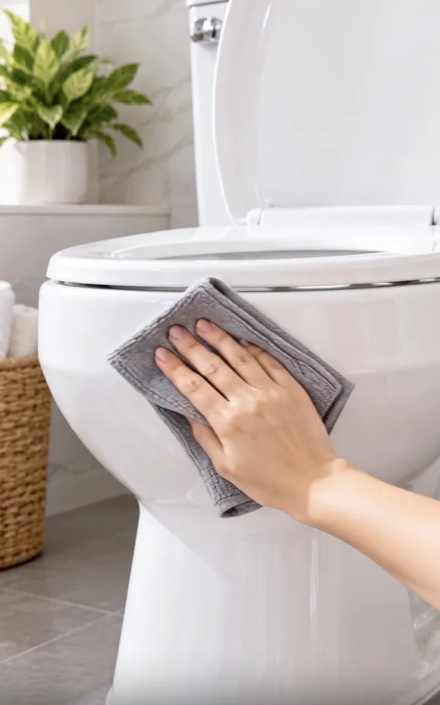 A human hand meticulously wiping the exterior of a pristine white toilet with a grey microfiber cloth