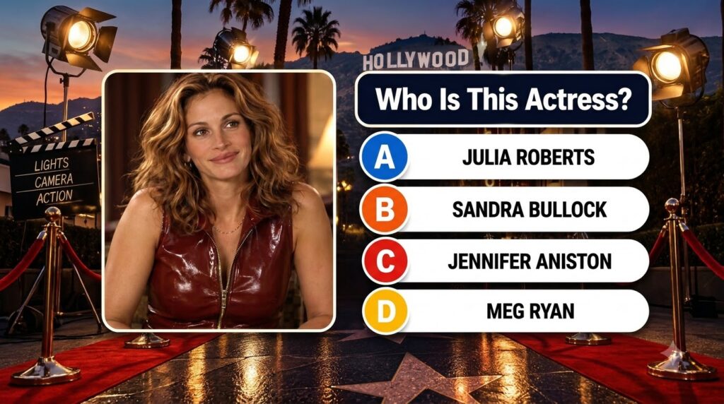 A quiz image featuring a portrait of Julia Roberts with the question Who Is This Actress against a Hollywood-themed back