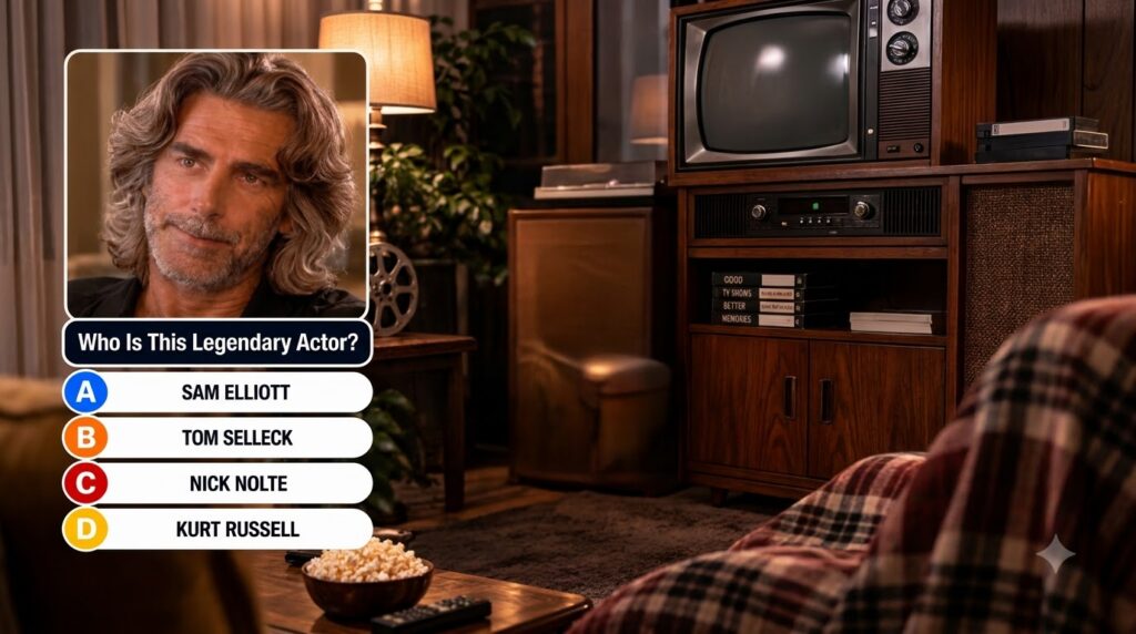 A quiz card asking to identify a legendary actor featuring a close-up portrait of Christopher Lee with long curly gray h
