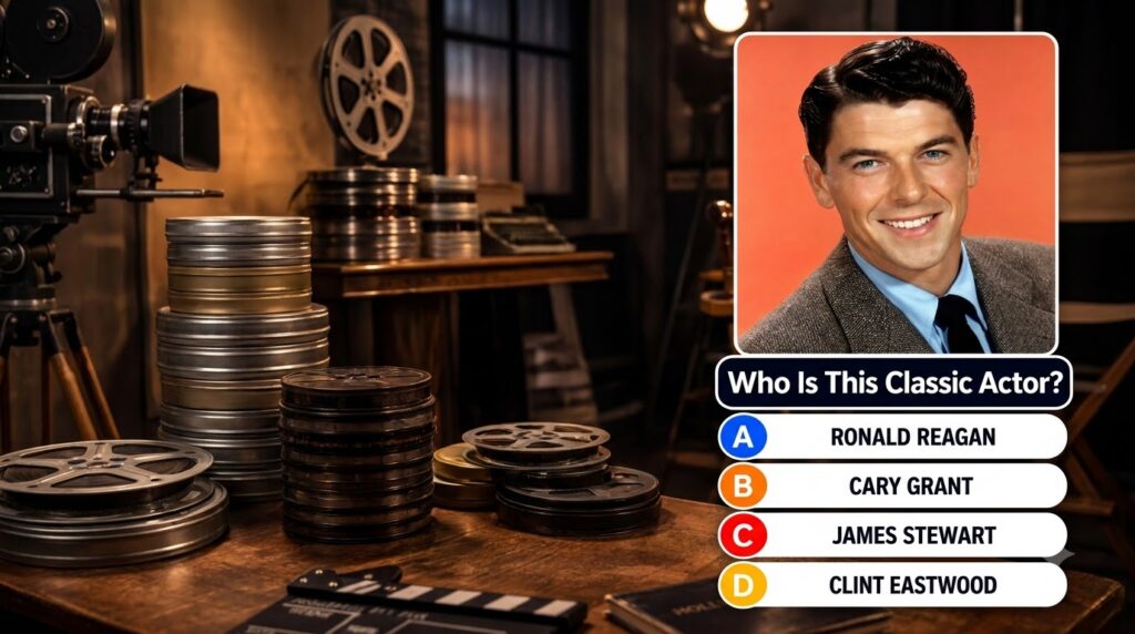 A framed portrait of Ronald Reagan smiling against an orange backdrop with a quiz question Who Is This Classic Actor and