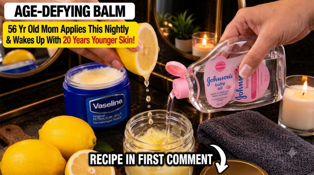 A close-up overhead shot of hands preparing the DIY beauty balm One hand squeezes a lemon half dropping juice into a gla