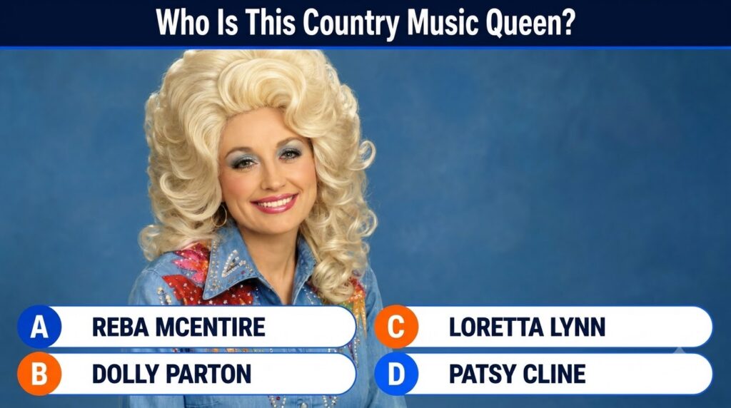 A smiling Dolly Parton with voluminous blonde hair wearing a sequined denim jacket against a plain blue background prese
