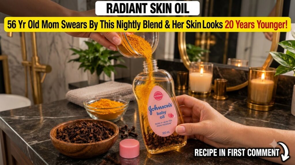 Hands pouring bright yellow turmeric powder from a glass bowl into a bottle of Johnson s baby oil which already contains