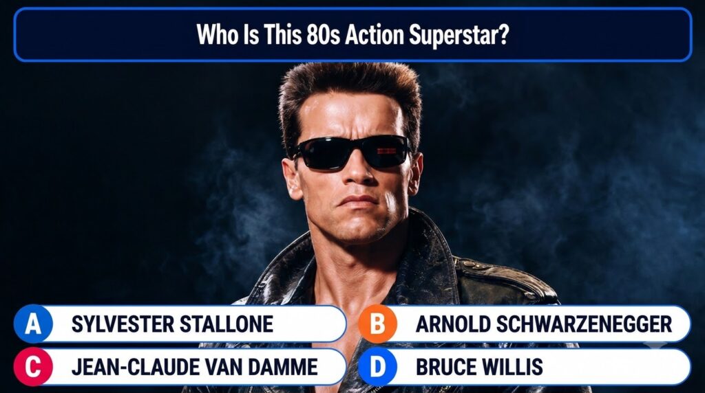Arnold Schwarzenegger in a leather jacket and sunglasses with a stern expression against a dark smoky background as part