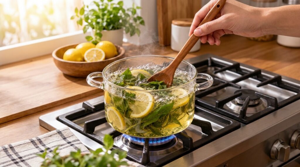 Olla de vidrio transparente hirviendo en una estufa con rodajas de limón y hojas de menta fresca una mano revolviendo