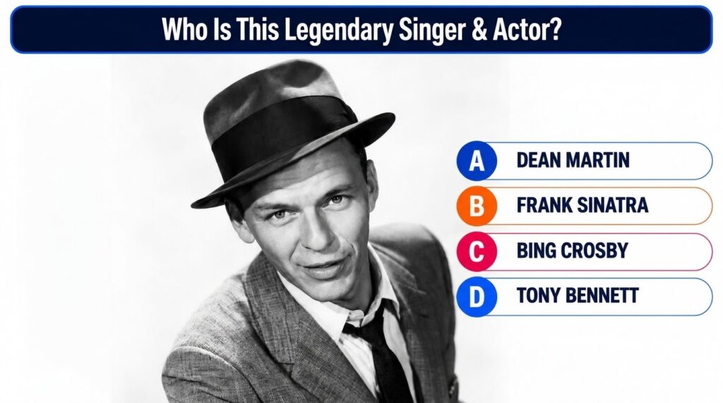 Black and white headshot of Frank Sinatra smiling wearing a fedora and a suit