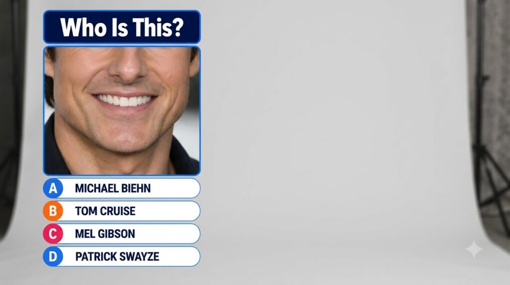 A multiple-choice quiz image showing a close-up of Tom Hanks smiling face with four options below
