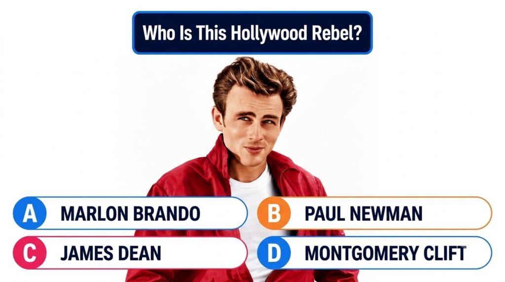 A young man resembling James Dean wearing a red zipper jacket as part of a multiple-choice quiz The background is plain 