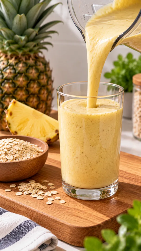 A thick yellow tropical smoothie being poured into a glass with pineapple and oats in the background