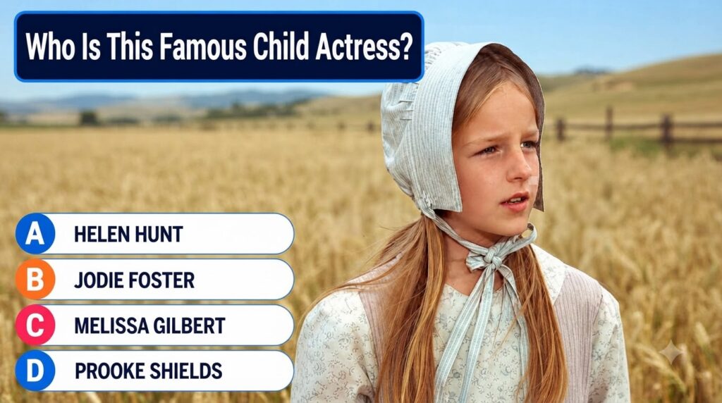 A young girl likely a child actress wearing a traditional bonnet and dress set against a softly blurred golden field Her