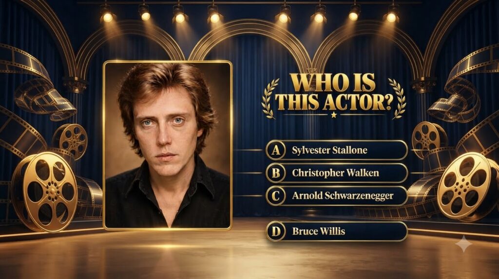 A quiz graphic with a central gold-framed portrait of a young male actor with light brown hair and blue eyes The backgro