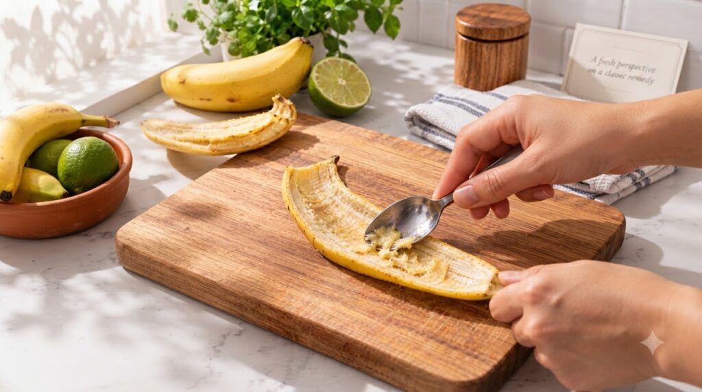 Hands scraping the inside of a banana peel with a spoon on a wooden cutting board